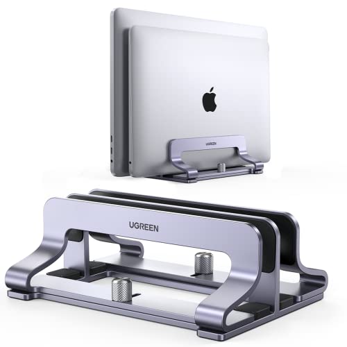 UGREEN 2-Slot Vertical Laptop Stand Holder Desk Compatible with MacBook Pro Air Laptop Stand Desktop Adjustable, Lenovo Ideapad, Surface Book, HP Notebook, Dell Chromebook Up to 17.3 Inch, Space Gray