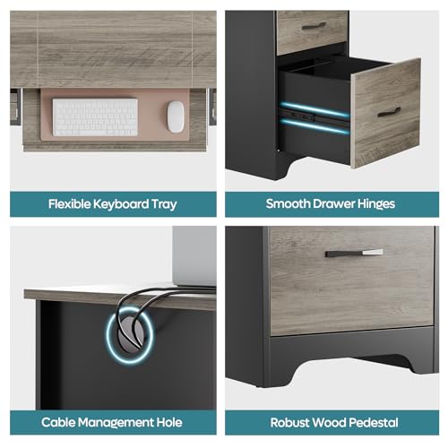 Bestier 59 Inch Office Desk with 4 Drawers, Computer Desk with Storage, Executive Desk with File Drawer, Keyboard Tray & 2 Pedestals on Both Sides for Home Office, Studio, Grey&Black