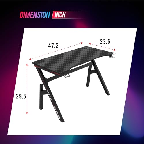 BestOffice | 47" Gaming Desk | Red | Carbon Fiber Textured Computer Desk | Sturdy Steel Frame, Cup Holder, Headphone Hook, Cable Management Holes, Adjustable Leg Pads | for Gamers, Home, Office