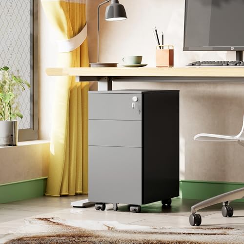 DEVAISE 3 Drawer File Cabinet with Lock, Under Desk Metal Filing Cabinets with Wheels for Home Office Fit Legal/Letter/A4 File, Assembled Except Casters,Black