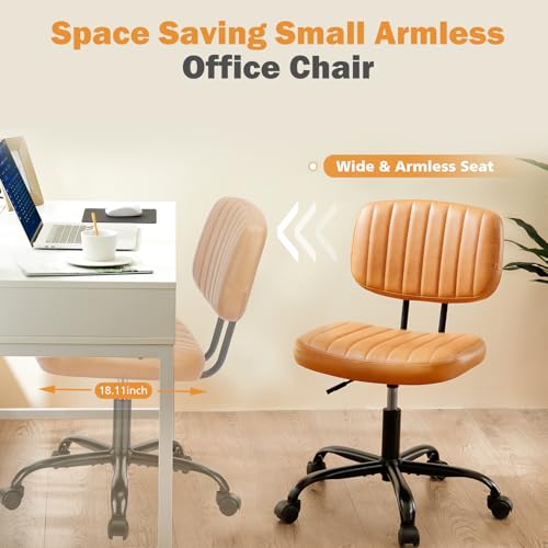 Sweetcrispy Small Office Desk Chair - Armless PU Leather with Comfy Lumbar Support, Height Adjustable Rolling Swivel Task for No Arms, for Adult, Student, Bedroom, Home, Vanity, Brown