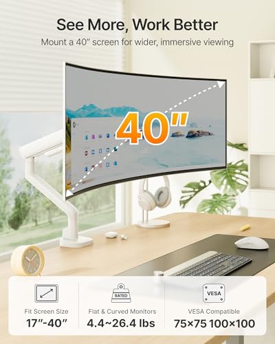 monTEK Single Monitor Arm, Mechanical Spring Monitor Arm for 17-40" Ultrawide Screens, Adjustable Monitor Desk Mount Holds up to 26.4 lbs with C Clamp/Grommet Desk Mount, VESA 75/100mm