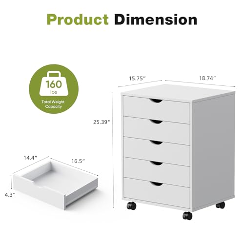Sweetcrispy 5 Drawer Chest Mobile Storage Cabinets Small Wooden Dresser with Wheels Room Organization Furniture for Office Home, Rolling Vertical Organizer for Home Office, White Wood