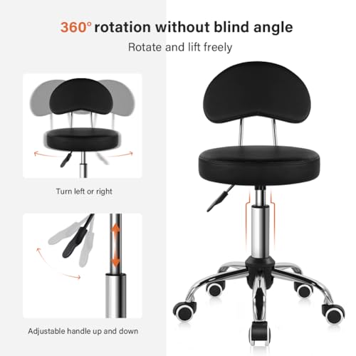 KKTONER Rolling Stool with Mid Back Height Adjustable Chair PU Leather Swivel Chair with Wheels for Office Home Task Drafting (Black)