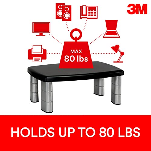 3M Adjustable Monitor Stand, Three Leg Segments, Simply Adjust Height from 1" to 5 7/8", Holds Up to 80 lbs, 11" Space Between Columns, Silver/Black (MS80B)