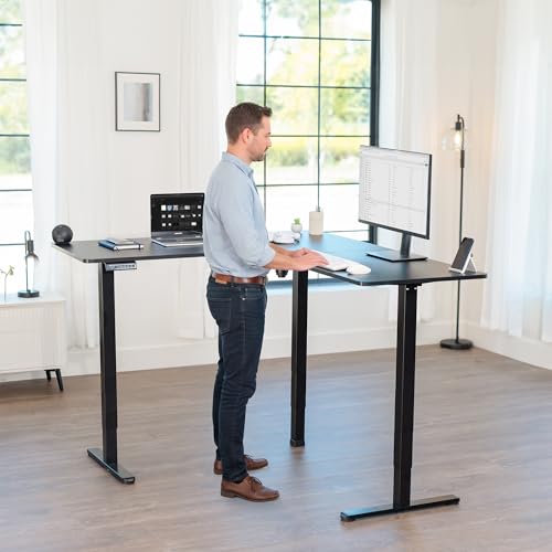 VIVO Corner Standing Desk, 63 x 55 inch Reversible L-Shaped Workstation, Electric Height Adjustment, Home, Office, and Reception Rooms, Black Table Top Black Frame, DESK-E3CTB