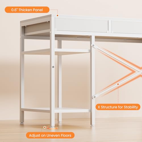 Sweetcrispy 47" Computer Desk with 6 Drawers, Home Office Gaming Desks with Storage Shelves for Bedroom, Writing Study Corner Living Room Work Table White