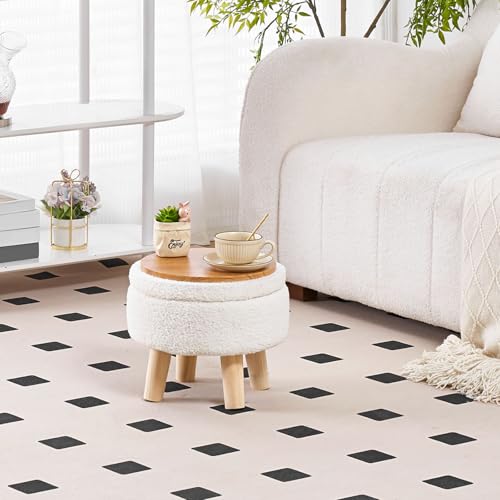 Wimarsbon Storage Ottoman, Modern Round Footrest with Soft Padded Seat, Teddy Velvet Footstool with Wood Legs, Accent Small Table or Plant Stand for Hallway, Living Room (Cream)