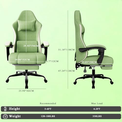 HOTOSYCH Gaming Chair, High Back Fabric Computer Chair with Pocketed Spring Cushion and Footrest, Height Adjustable Game Chair with Headrest and Lumbar Support (Beige & Green)