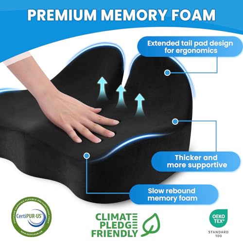 CushZone Seat Cushion, Ergonomic Memory Foam Seat Cushions for Office Chairs, Car, Long Trip, Desk Chair, Lab, Extra Large Size for Sciatica & Hip & Tailbone Pain Relief, Sciatica Support (Black)