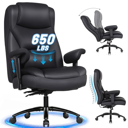 Big and Tall Office Desk Chair with 5-Position Armrests, 650 LBS Heavy Duty Executive Office Chair Comfy, Extra Wide Seat, High Back Computer Chair with Lumbar Support, Reclining Tilt Lock (Black)