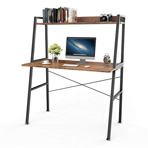 EUREKA ERGONOMIC,43 Inch 2-Tier Home Office Students Study Writing PC Gaming Table with Bookshelf Small Computer Ladder Desk with Storage Shelves,Modern Workstation for Space Saving, Rustic Brown