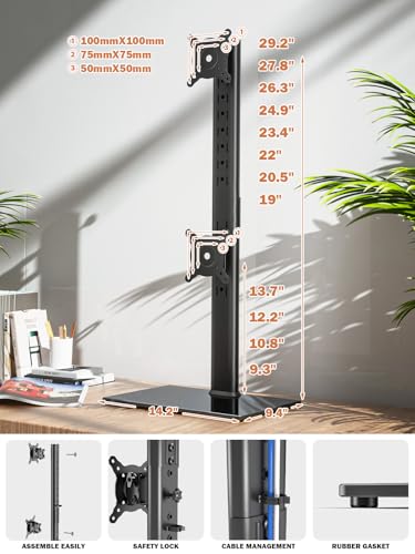 Dual Monitor Stand - Vertical Stack Screen Free-Standing Monitor Riser Fits Two 13 to 34 Inch Screen with Swivel, Tilt, Height Adjustable, Holds One (1) Screen Up to 44Lbs