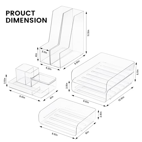 CiWiVOKi Desk Organizer with 2 Vertical File Holder, 4 Tier Stackable Paper Letter Tray File Organizer with 5-Compartments Pen Holder, Clear Desktop Organizer Office Organization and Storage