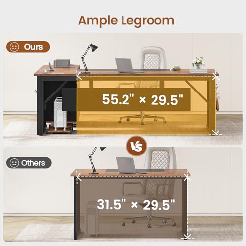 SEDETA 71" Executive Desk with Rolling File Cabinet, Large Office Desk with Drawers, L Shaped Computer Desk with Power Outlets, CPU Stand, Pegboard and Storage Shelves, Rustic Brown