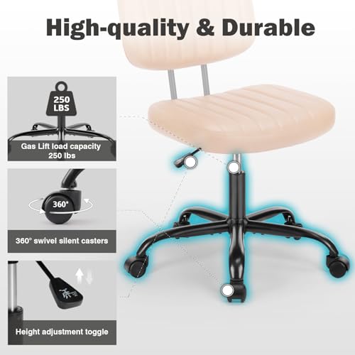 DUMOS Armless Home Office Executive Chair - Small Desk Chair with Low Back Lumbar Support, Height Adjustable PU Leather Computer Task Chair with 360° Swivel Wheels, for Adults, Brown