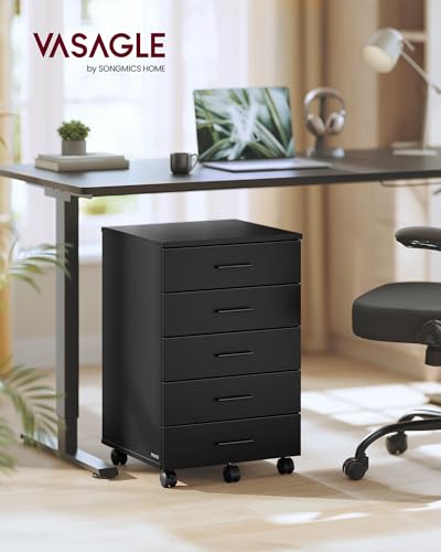VASAGLE Custos Collection - File Cabinet, Mobile Pedestal Filing Cabinet with Wheels, Printer Stand with 5 Drawers, Tool-Free Sliding Rails, for Study, Home Office, Ink Black UOFC081BC01S