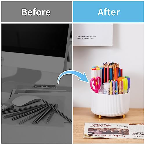 Marbrasse Desk Organizer, 360-Degree Rotating Pen Holder, Desk Organizers and Accessories with 5 Compartments Pencil Holder, Art Supply Storage Box Caddy for Office, Home（White）