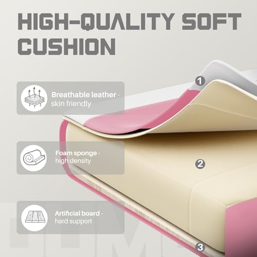 DUMOS Ergonomic Gaming Office Desk Chair with Footrest and Headrest for Adults, PU Leather Video Computer Chair with Linkage Armrests, Height Adjustable 360° Swivel Recling Chair, White Pink