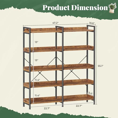 Huuger 5 Tier Bookshelf, Display Bookshelf with 10 Open Shelves and Raised Baffle, 47.2 Inch Straight Wide Bookcase with Metal Frame and Wooden Board, Adjustable Feet, Rustic Brown