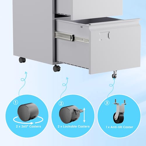 GangMei 2 Drawer File Cabinet with Lock, Under Desk Metal Rolling Filing Cabinet for Letter/Legal Size Folder, Mobile File Cabinet with 5 Wheels (Anti-Tilt) for Home Office, Assembly Required, White