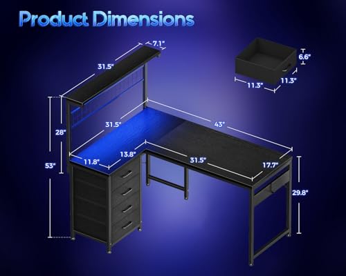 MOTPK 43” L Shaped Gaming Desk for Small Rooms, Compact Corner Computer Table with Shelf & Hutch, 4 Drawers, Reversible Study Desk with LED Light, Home Office Table, Black