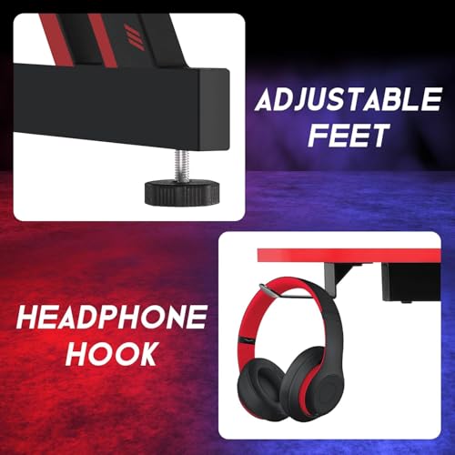 XXkseh 39 Inch Z-Shaped Computer Desk with Headset Hook - Ergonomic Small Gaming Table, MDF Desktop and Metal Frame, Red