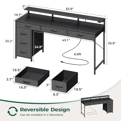 Huuger Gaming Desk with 6 Drawers, Computer Desk with LED Lights Power Outlets and Type-C, 55 Inch Office Desk with Storage, Monitor Stand, Writing Desk Work Desk Home Office, Bedroom, Black, 1CD102B