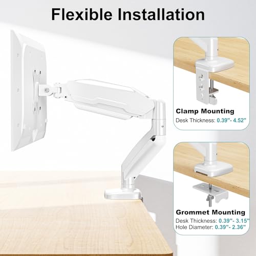 MOUNT PRO Single Monitor Desk Mount - Articulating Gas Spring Arm, Removable VESA Mount for Computer Monitor Stand with Clamp and Grommet Base Fits 13 to 32 Inch Screen, VESA 75x75, 100x100, White