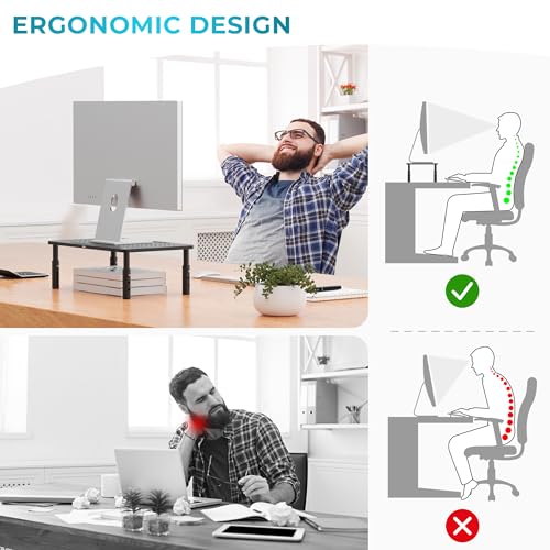 BONTEC Monitor Stand for Desk 2 Pack, 3-Level Height Adjustable Metal Monitor Riser, 14.5 x 9.1 in Ergonomic Computer Stand with Pen Holder & Cable Management for Printer, Laptop, Office Workstation