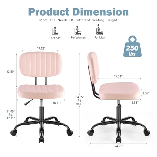 DUMOS Armless Home Office Executive Chair - Small Desk Chair with Low Back Lumbar Support, Height Adjustable PU Leather Computer Task Chair with 360° Swivel Wheels, for Adults, Pink