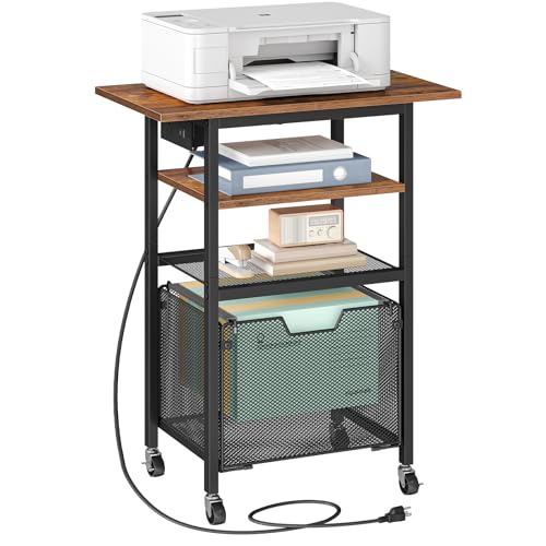 HOOBRO Printer Stand, Printer Table with Charging Station, Printer Cart with Hanging File Folder Organizer, Rolling File Cabinet Cart, Shelf for Home Office, Rustic Brown and Black BF17UPS01