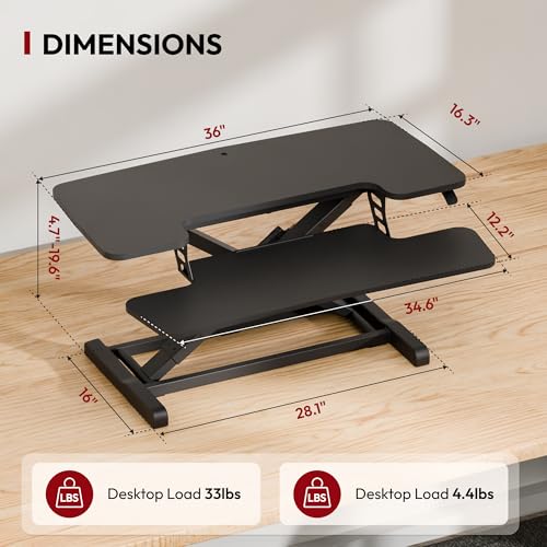 SANODESK 36" Standing Desk Converter, Adjustable Sit to Stand Desk Riser with Effortless Lifting for Home Office, Desk Topper for Dual Monitors, Computer Lift with Keyboard Tray, Black