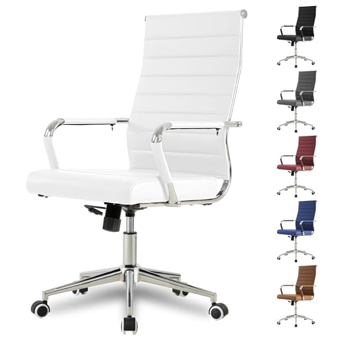 Okeysen White Office Desk Chair, Ergonomic Leather Modern Conference Room Chairs, Executive Ribbed Height Adjustable Swivel Rolling Chair for Home Office.