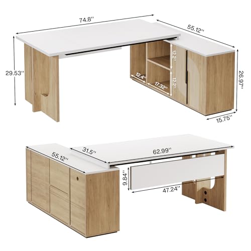 Tribesigns 74.8 Inch Executive Desk, Large Office Desk with Cabinet, L Shaped Computer Desk with Shelves and CPU Storage, Modern Home Office Desks Business Furniture Workstation Set, White and Wood