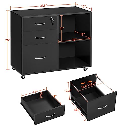 Yaheetech Black File Cabinet with Lock for Letter, A4 Size,3 Drawer Lateral Cabinet Printer Stand with Open Storage Compartments for Home Office, Black