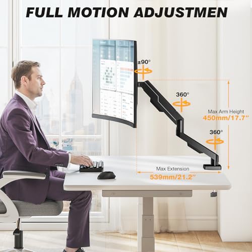5Rcom Single Monitor Arm for 13 to 35 Inch Screens, Fully Adjustable Heavy Duty Monitor Mount Holds up to 22 lbs, Fast Install Computer Monitor Stand withCable Management Design, Black
