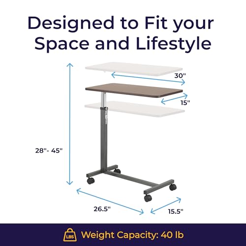 Drive Medical Overbed Table with Wheels - Secure Height Adjustment for Comfort - Non Tilt Surface - Smooth Rolling Design - Home & Hospital Use - Woodgrain Laminate Top - Silver Vein