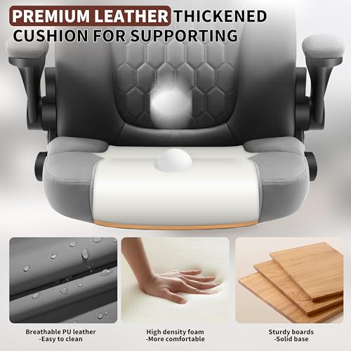 Nexthro Executive Office Chair PU,Leather Office Chair with Wheels,360° Swivel Rolling Chair with Padded Arms,Ergonomic Computer Chair with Lumbar Support for Short People Use (Grey)