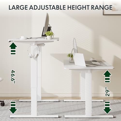 FLEXISPOT Standing Desk, 48" x 24" One-Piece Desktop, Height Adjustable Computer Desk for Home Office, White Frame & White Top (One Package)