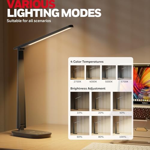 Honeywell HWT-H2 LED Desk Lamp, CRI94 Full Spectrum Eye-Caring Table Light, Foldable Dimmable 4 Color Modes with USB A+C Charging Ports for Home Office Bedroom Reading Study Work (Black)