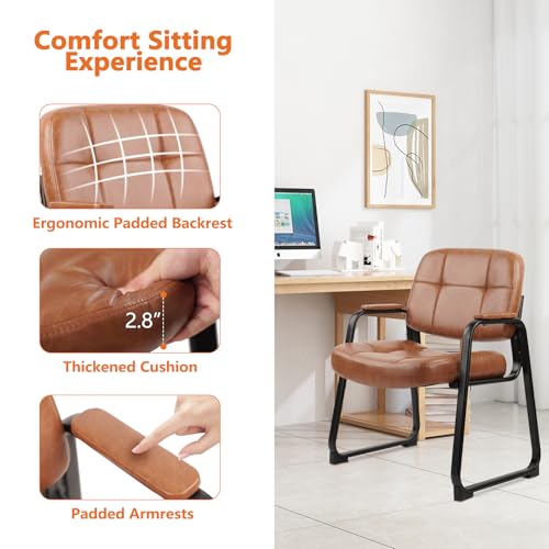 CLATINA Big & Tall 500 lbs Waiting Room Chairs with Padded Armrests and Sled Base, Leather Stationary No Wheels Office Guest Chair for Reception Lobby Home and Meeting Conference, Brown (4 Pack)