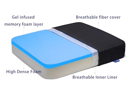 Ifoam Gel Infused Memory Foam Layer Wheelchair Cushion - Seat Cushion for Wheelchair-Office Chair, Kitchen Chair-Pressure Sore and Tailbone Pain Relief-High Dense Polyfoam Base (Black, 18×16×3 inch)