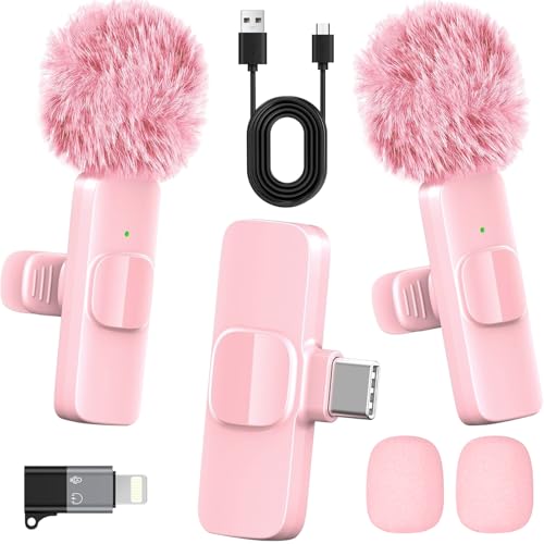 HONGJIEYUAN Pink Wireless Lavalier Microphone for iPhone & Android - Mini Clip-On Mic with Noise Cancellation, 65ft Range, 8H Battery, USB-C/Lightning - for TikTok, YouTube, Podcast, Live Streaming