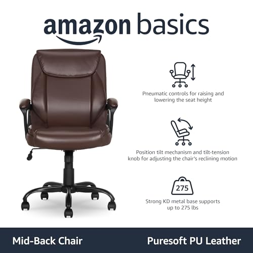 Amazon Basics Classic Puresoft PU Padded Mid-Back Office Chair with Armrest, Height Adjustable, Wheels, 25.75"D x 24.25"W x 42.25"H, Brown