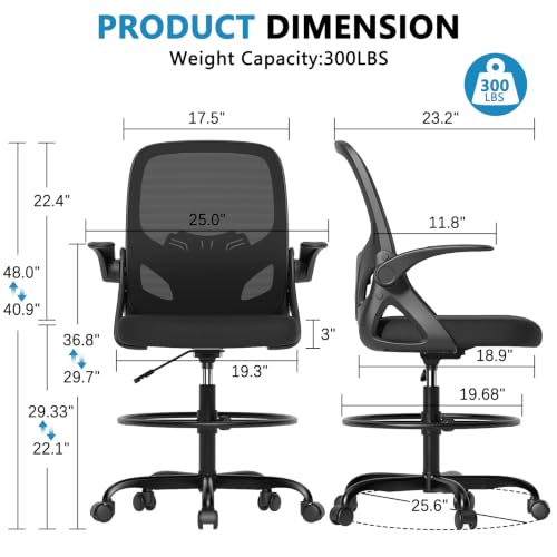 Kensaker Drafting Chair Tall Office Chair, Ergonomic Standing Desk Chair with Adjustable Foot Ring and Flip-up Armrests, Mesh Computer Chair for Art Studio, 300 LBS, Black
