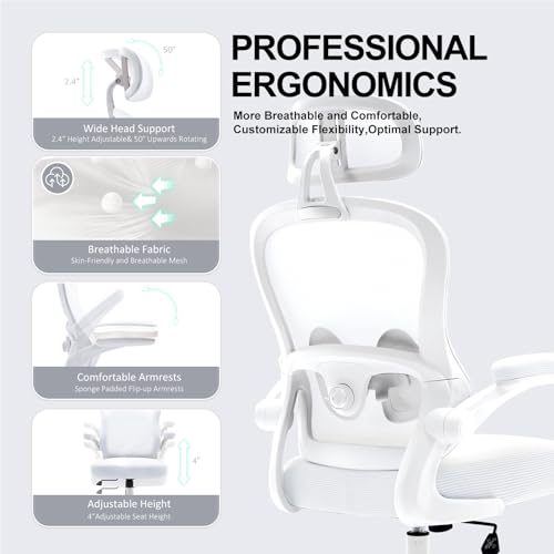 TUKAKA Ergonomic Office Chair,Ultra Thick Office Desk Chair with Adjustable Lumbar Support and Headrest,Spring Cushion,Rocking Function,Flip-up arms,Mesh Computer Chair for Home Office,White