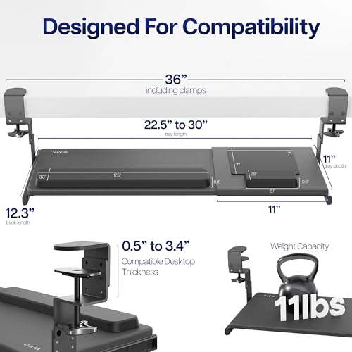 VIVO Large Height and Width Adjustable Under Desk Keyboard Tray, C-clamp Mount System, 22.5” to 30” (28.5” to 36” Including Clamps) x 11 inch Slide-Out Platform for Typing, Black, Mount-KBST1