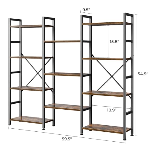 SUPERJARE Triple Bookshelf, Bookcase with 11 Open Display Shelves, Wide Book Shelf Book Case for Home & Office, 4 Tier, Brown,ABC009Z
