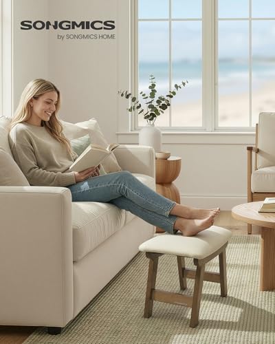 SONGMICS Foot Stool Ottoman, Padded Foot Rest Under Desk with Solid Wood Frame, Removable Cover, for Living Room, 9.8 x 15.4 x 11.8 Inches, Summer Sand and Brown ULSF052LF01
